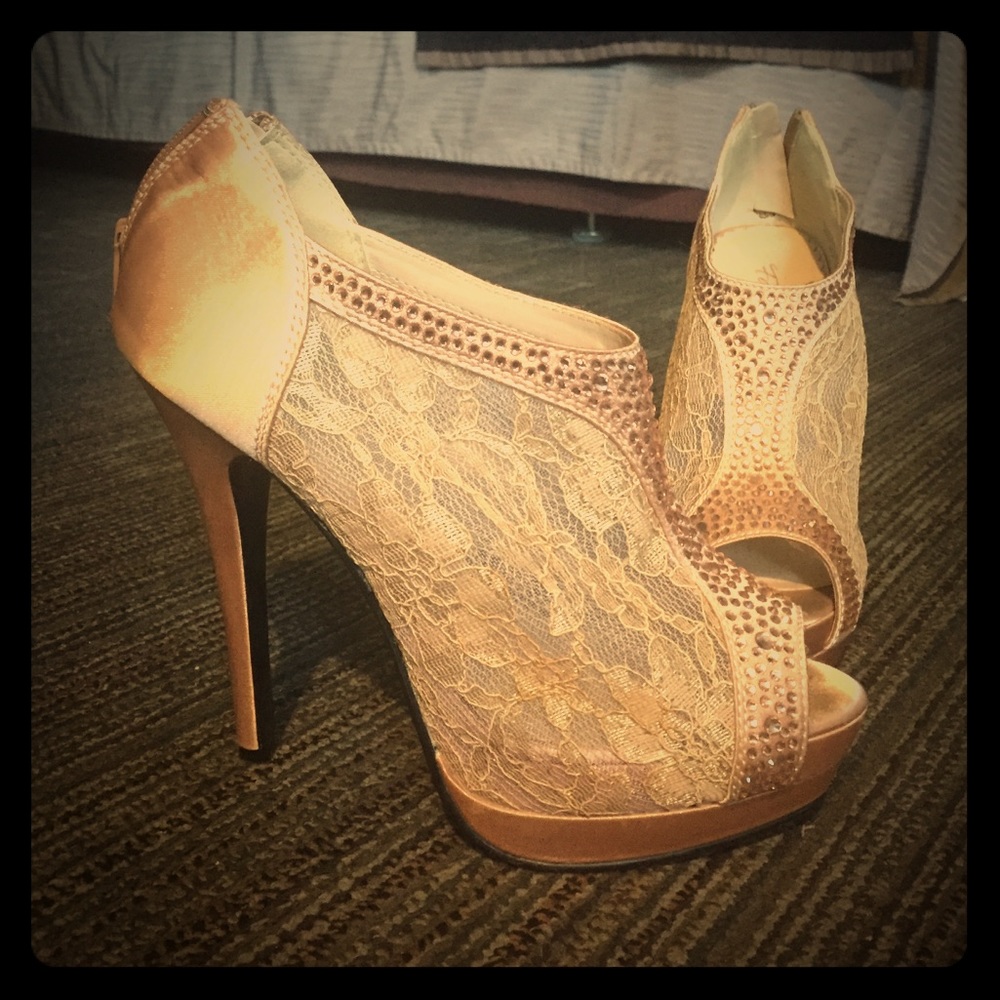Beige Gold Sequin Lace Stilettos w/Satin Platform